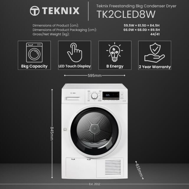 Teknix TK2CLED8W 8kg Condenser Tumble Dryer - White