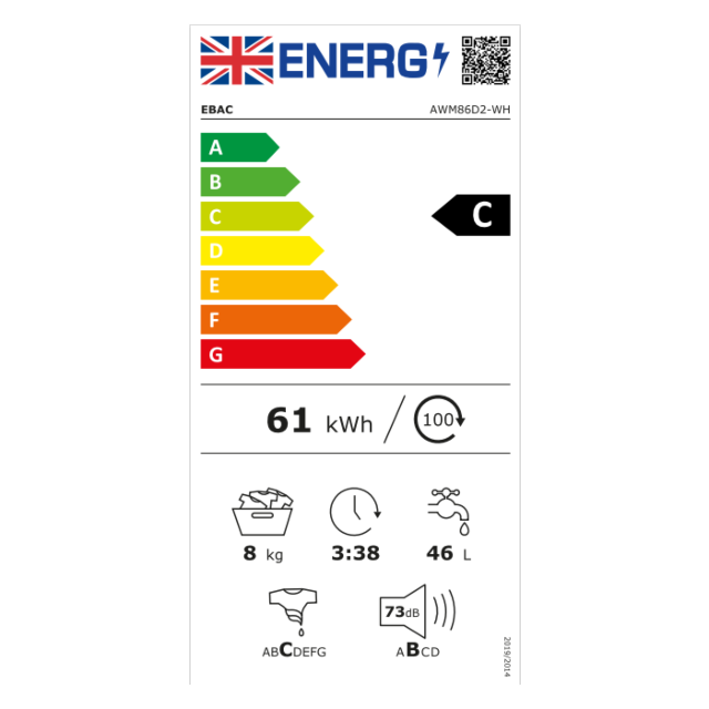 Ebac AWM86D2-WH E-Care 8kg Washing Machine - Cold Fill - White